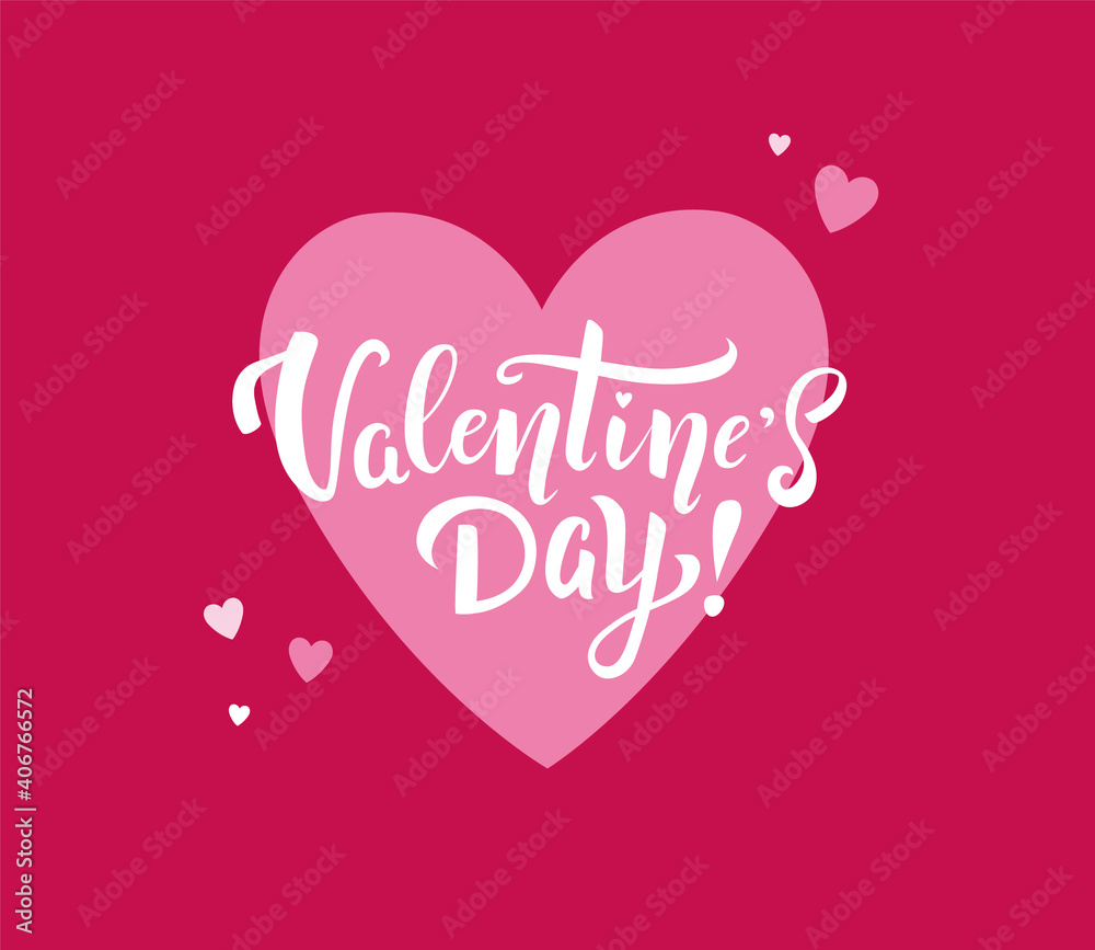 Valentine's day handwritten lettering with pink hearts on red background