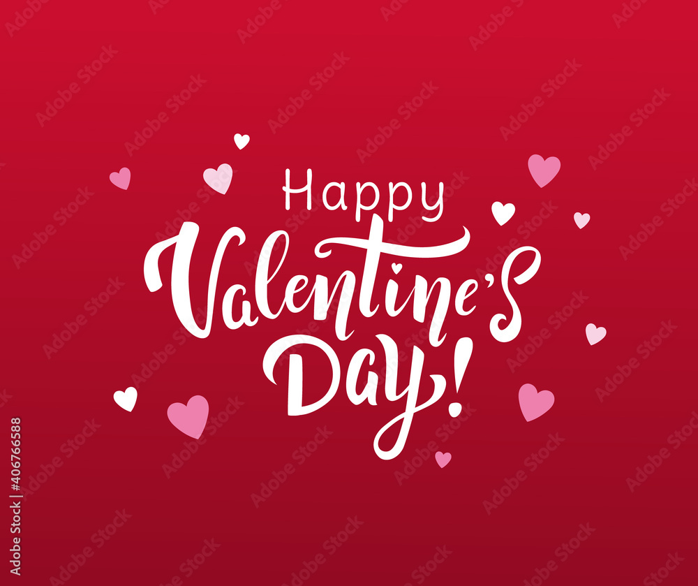 Happy Valentine's Day  greeting card with handwritten lettering on red background with small hearts. - Vector
