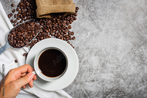 Background Coffee cup on old kitchen table. Top view with copyspace for your text