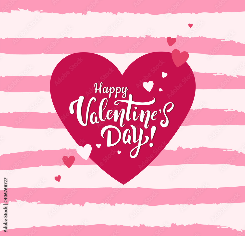 Happy Valentine's Day! Greeting card with beautiful lettering in red heart on striped pinky background with small hearts. - Vector