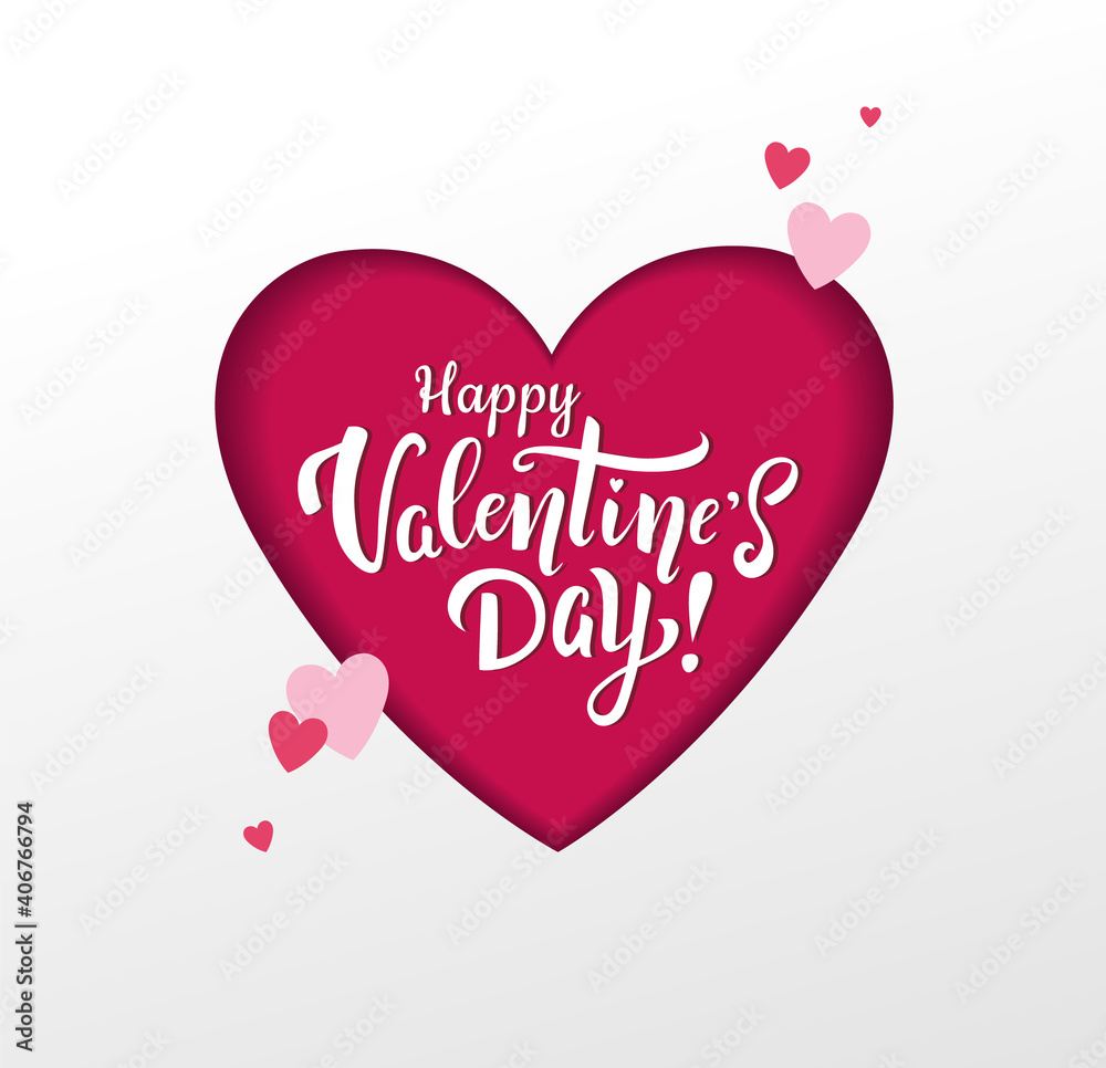 Valentine's day card with pink hearts and handwritten lettering. Cut out paper heart. - Vector