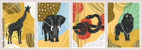 Wild jungle animals such as snake, giraffe, elephant and lion abstract poster set. Set of print templates. Animals with floral ornament and geometrical shapes on back. Vectror illustrations