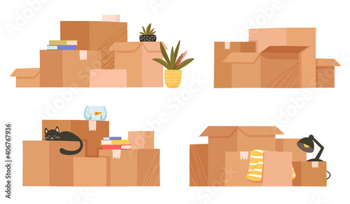 Moving and relocation concept. Set of four stacks isolated on white background. Cardboard boxes with various things from house Flat cartoon vector illustrations