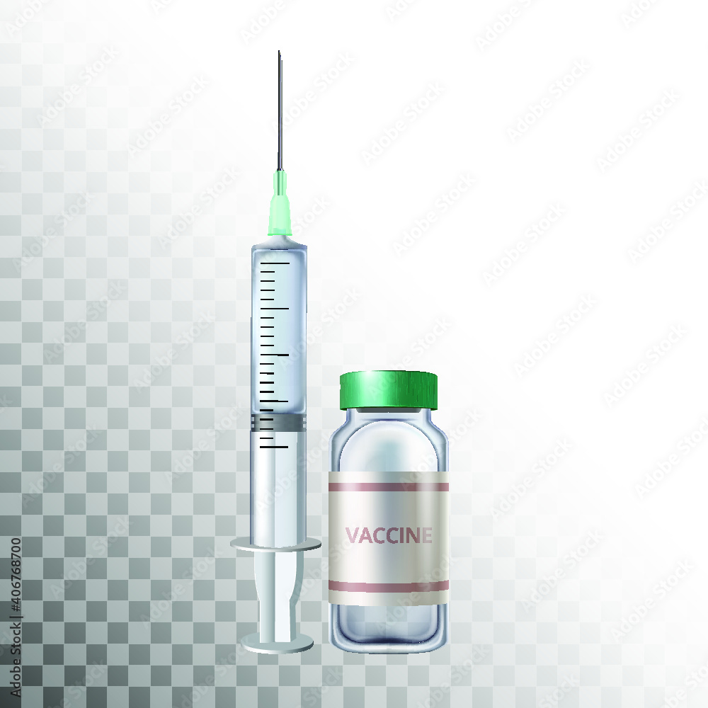 A realistic ampoule with a vaccine and a syringe with a needle. 3d vector illustration A realistic ampoule with a vaccine and a syringe with a needle. 3d vector illustration