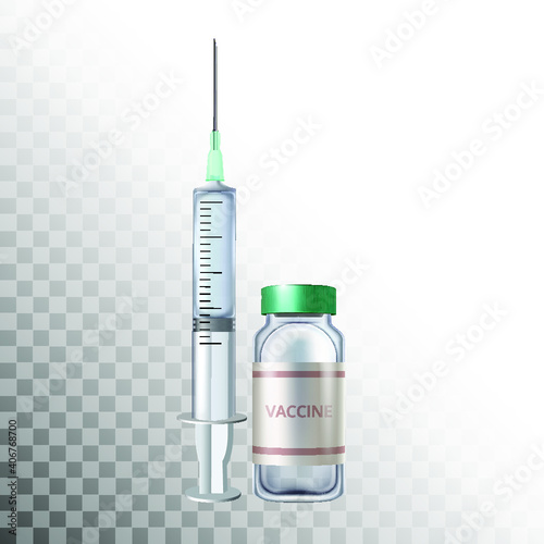 A realistic ampoule with a vaccine and a syringe with a needle. 3d vector illustration