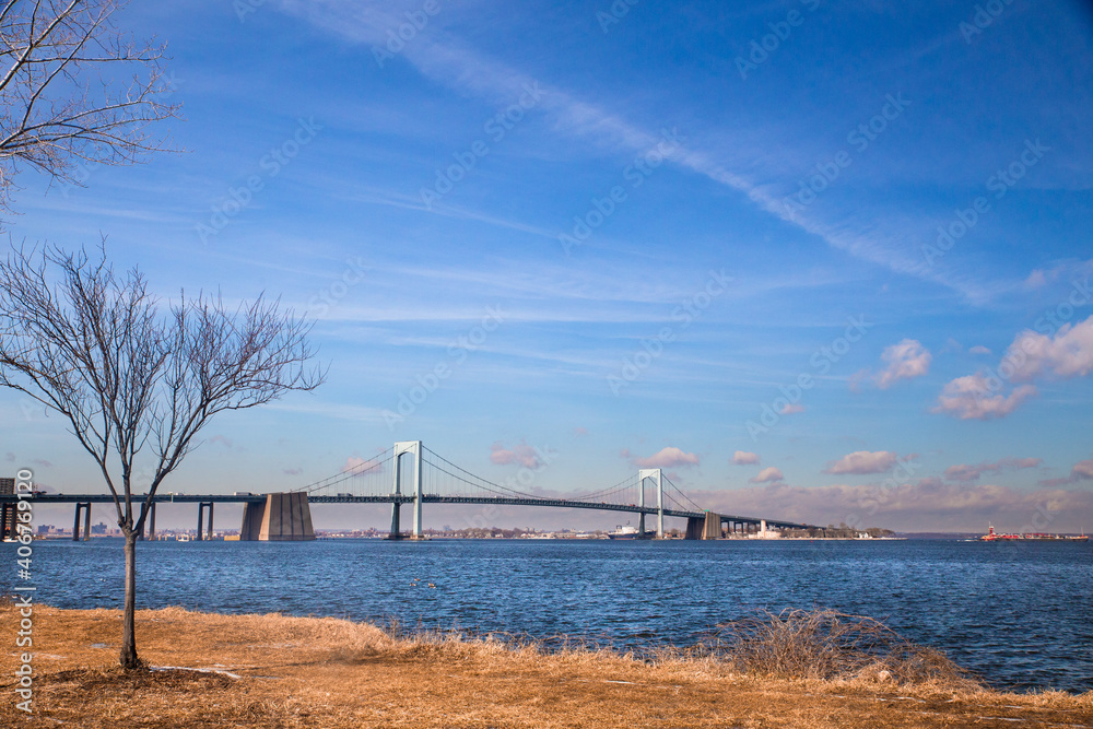 Throgs Neck Bridge and Long Island Sound in New York City seen from Bayside Queens towards the Bronx