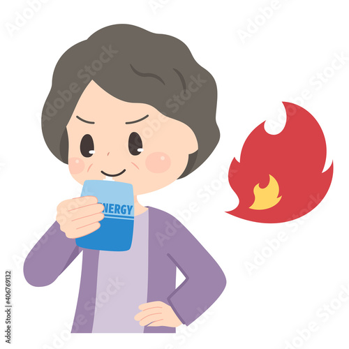 栄養補助食品のゼリーを飲むおばあちゃんのイラスト_上半身