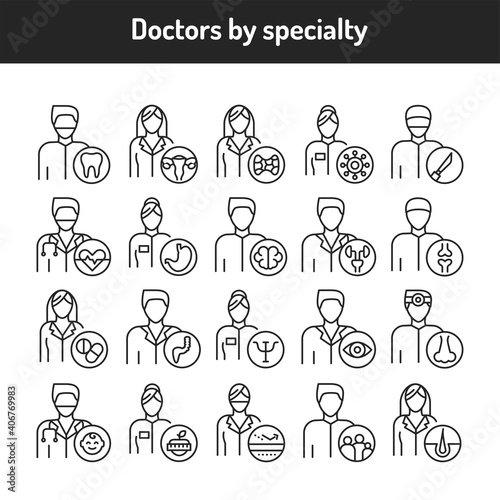 Doctors by specialty color line icons set. Subject matter experts.