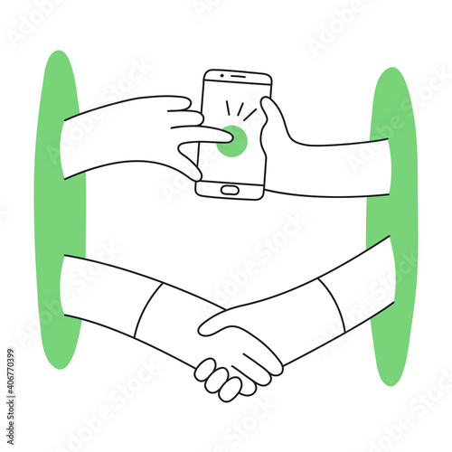 Dealing online, remote conclusion of a transaction, mobile phone deal. Remote assistance, mobile support concept, shaking hands from different ends. Flat line vector illustration on white.