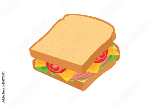 Delicious sandwich with ham, cheese and vegetables icon vector. Healthy snack vector. Sandwich icon isolated on a white background. Toasted bread with cheese, ham and tomatoes clip art