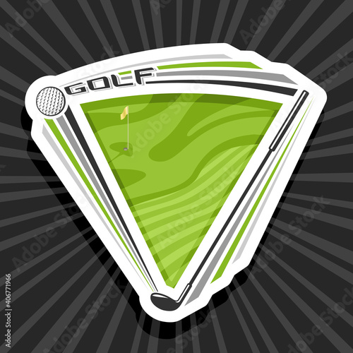 Vector logo for Golf Sport with copy space, decorative cut paper modern emblem with illustration of flying ball in goal above golf course and unique letters for word golf on gray abstract background.