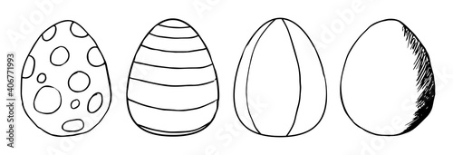 Set of Easter Eggs vector black and white line art. Catolic Easter symbol. For invitention, postcard, coloring book.