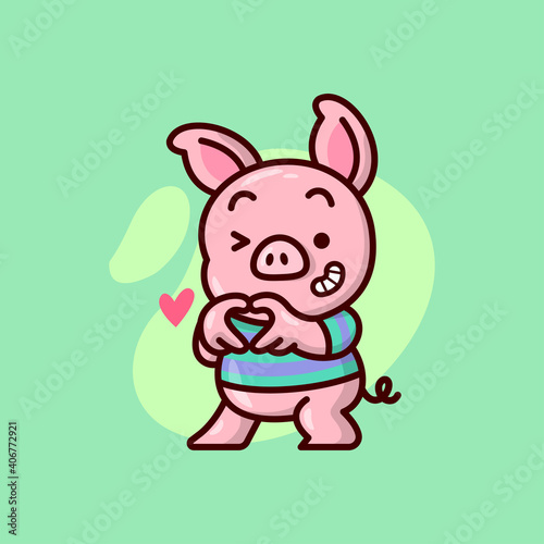CUTE PIG WEARING GREEN T SHIRT WITH VIOLET LINE DOING HEART SHAPE WITH HIS HAND. VALENTINE'S DAY ILLUSTRATION.