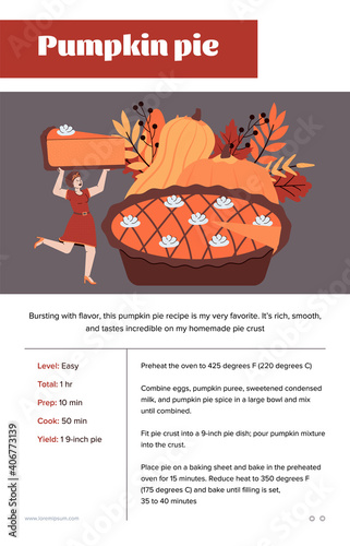 Pumpkin pie recipe card design with cartoon female character carrying a piece of cake. Traditional Thanksgiving pumpkin pie recipe book page, cartoon vector illustration.