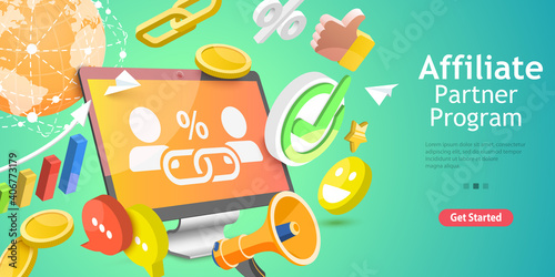 3D Isometric Flat Vector Conceptual Illustration of Affiliate Sales, Referral Program, Marketing Strategy.
