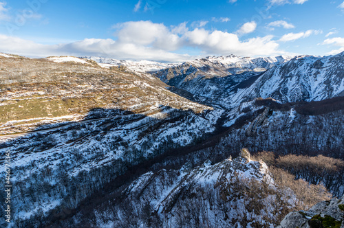 Landscape of the snowy mountains during the winter of 2021 in the Valporquero area in Leon, Spain