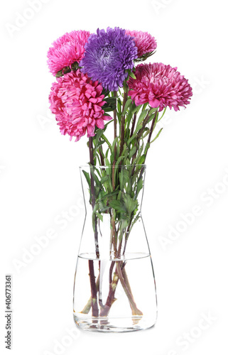 Bouquet of beautiful aster flowers in glass vase isolated on white