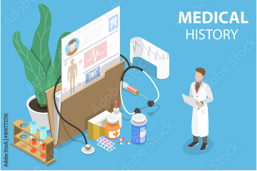 3D Isometric Flat Vector Conceptual Illustration of Mecial History, Health Record, Doctor's Prescription.