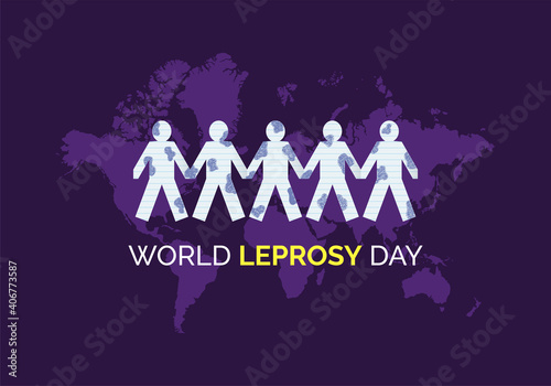 World Leprosy Day vector illustration with paper people and world map background. Leprosy day poster on purple background.