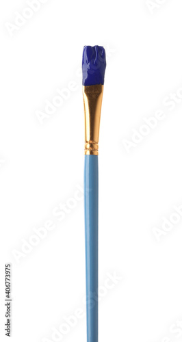 Brush with blue paint isolated on white