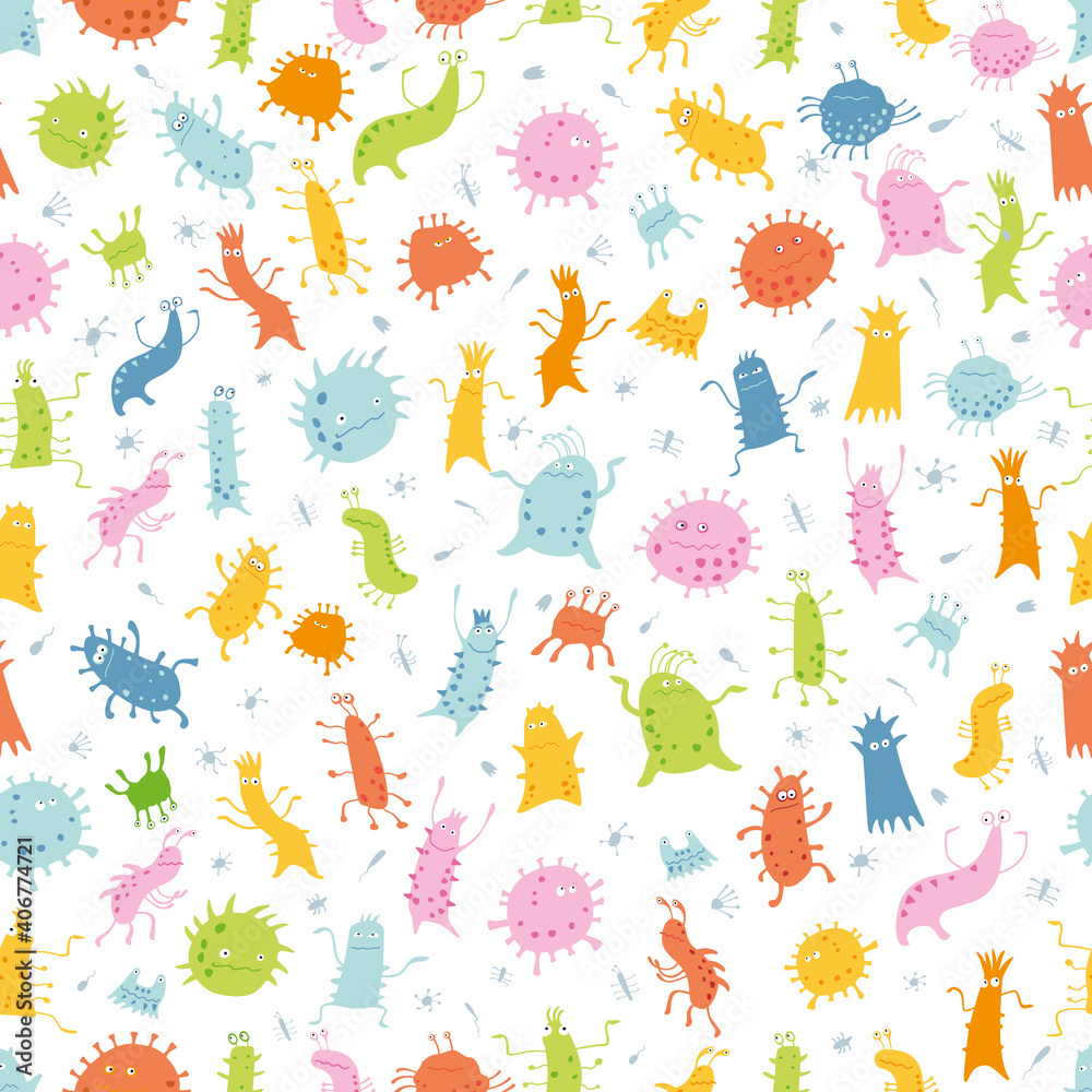 Seamless children's background. Funny germs and viruses are dancing. Vector graphics