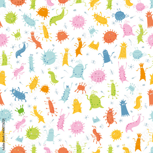 Seamless children's background. Funny germs and viruses are dancing. Vector graphics