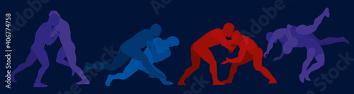 Sports freestyle wrestling. Colored silhouettes of wrestling athletes on a dark background. Design of competitions, sports tournaments