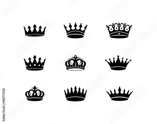 Set of black vector king crowns and icon on white background. Vector Illustration. Emblem and royal symbols.