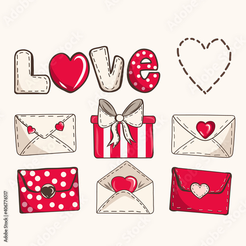 Colorful cartoon letter set. Envelope with love message. Hand-drawn romantic cartoon envelopes with hearts and declarations of love