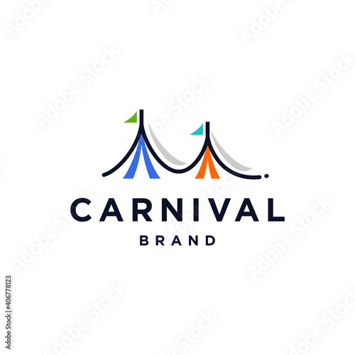 circus or carnival tent logo icon Vector concept design in trendy colorful line art Illustration, tend with flags