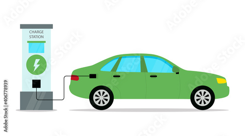 Fototapeta Naklejka Na Ścianę i Meble -  Electrical Automobile Charge Station Conceptual Illustration In Cartoon Flat Style. Vector Composition With Green Car Filling With Energy. Modern Ecology Friendly Transport Means And Environment Care