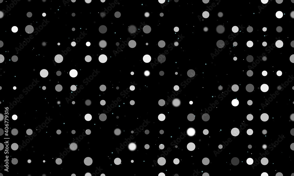 Seamless background pattern of evenly spaced white circles of different sizes and opacity. Vector illustration on black background with stars