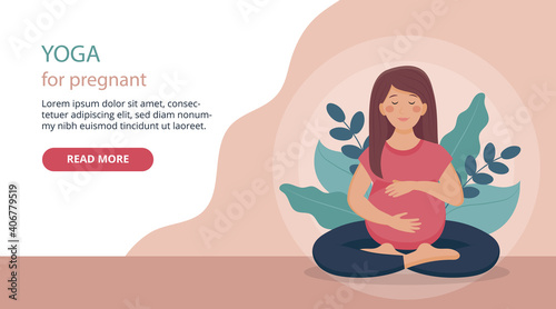 Yoga For Pregnant Concept Composition. Vector Illustration In Flat Cartoon Style. Webpage Layout Art With Text And Red Button. Female Character Sitting Near Plants In Lotus Position Hugging Her Belly