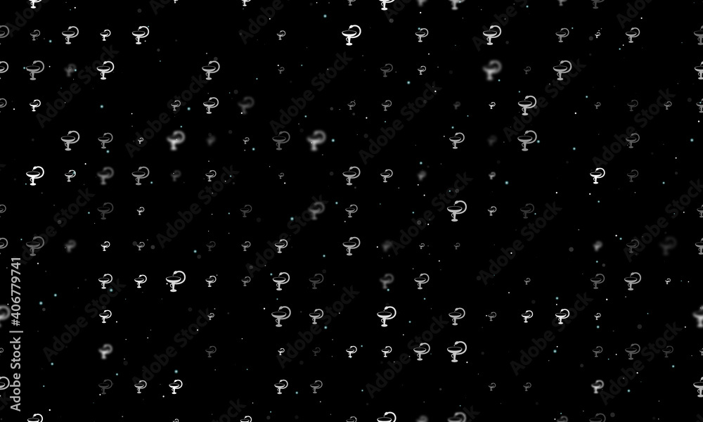 Seamless background pattern of evenly spaced white medicine symbols of different sizes and opacity. Vector illustration on black background with stars