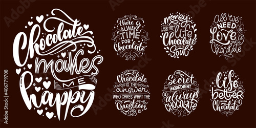 Chocolate hand lettering quotes set. Warm winter word composition. Vector design elements for t-shirts, bags, posters, cards, stickers and menu