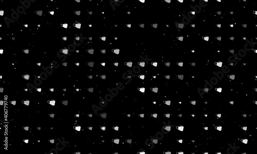 Seamless background pattern of evenly spaced white mask symbols of different sizes and opacity. Vector illustration on black background with stars