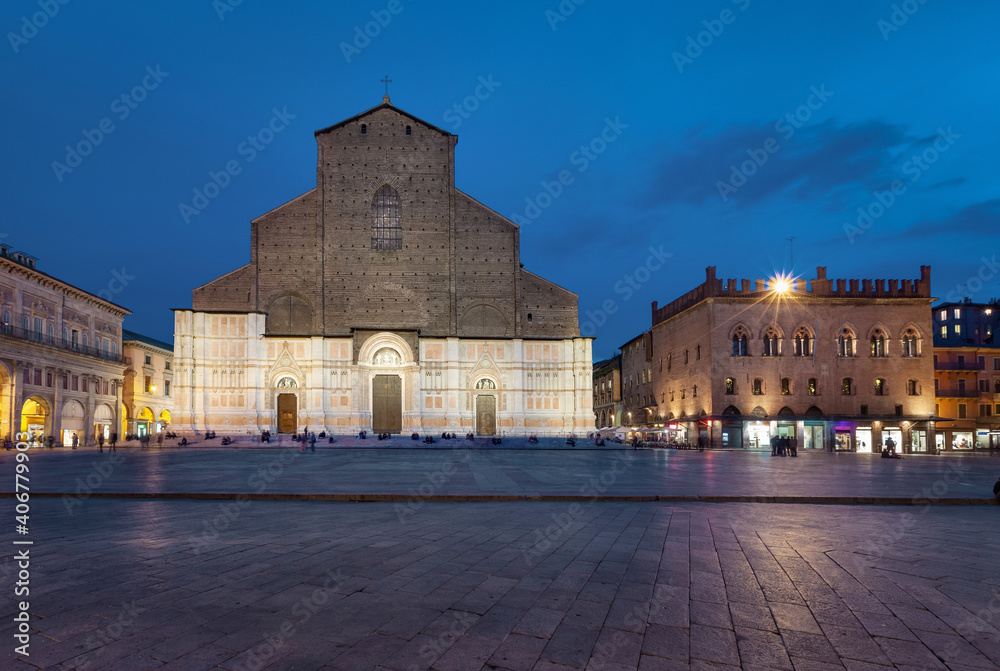Bologna, Italy. View of Basilica di San Petronio situated on Piazza Maggiore square at dusk