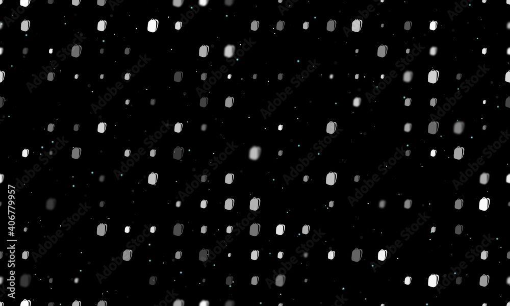 Seamless background pattern of evenly spaced white school bag symbols of different sizes and opacity. Vector illustration on black background with stars Seamless background pattern of evenly spaced white school bag symbols of different sizes and opacity. Vector illustration on black background with stars