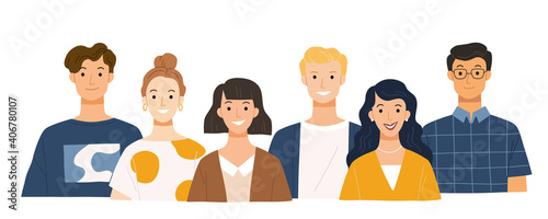 Group of young people flat cartoon characters isolated on white background. Happy Friends staying together. Happy teenager in casual clothes.
