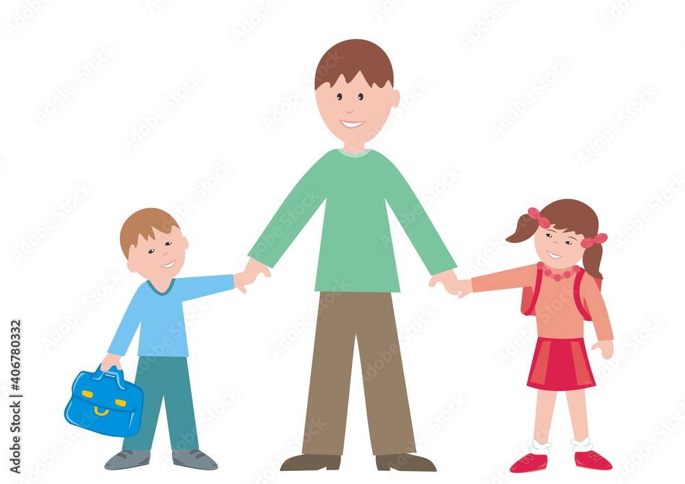 Father and boy and girl with school bag. First day in school, vector illustration.