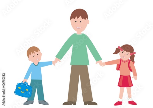 Father and boy and girl with school bag. First day in school, vector illustration.