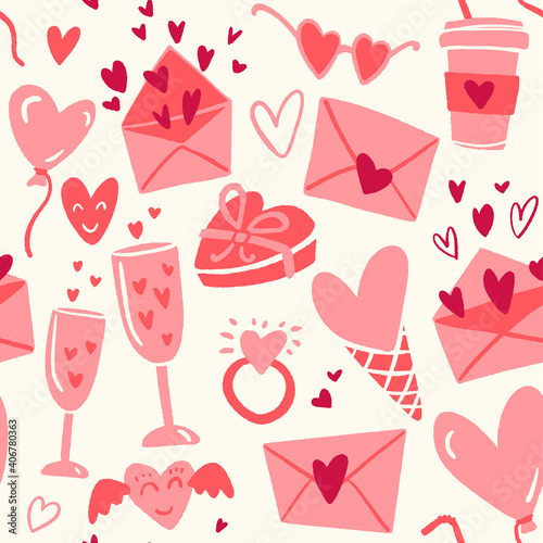 Seamless pattern for Happy Valentine's Day celebration with holiday symbols.