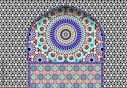 Arabic seamless mosaic. Red, blue and green colors. Zellige Colorful Vector.