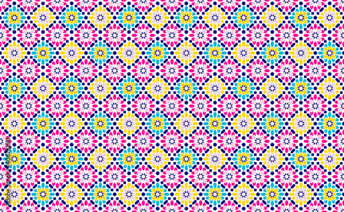 Arabic seamless mosaic. Yellow, pink and blue colors. Zellige Colorful Vector.