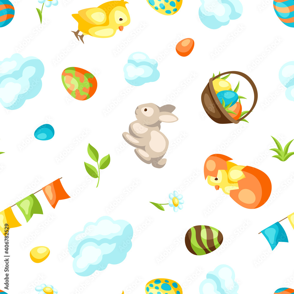 Happy Easter seamless pattern with holiday items. Happy Easter seamless pattern with holiday items.