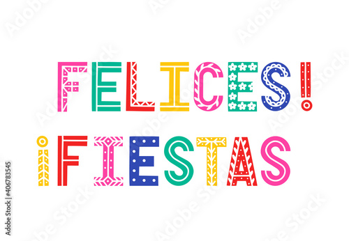 Fiesta colorful and bright banner. Festive vector illustration with hand drawn letters with decorations.