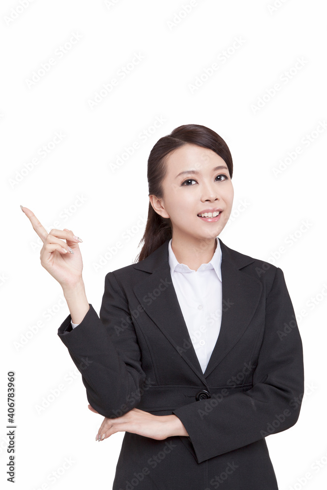 Portrait of young business woman pointing something Portrait of young business woman pointing something