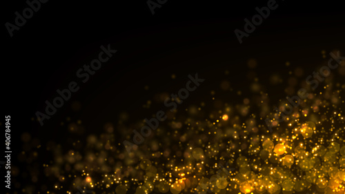 Abstract background with golden glittering lights. Sparkling particles on black. 