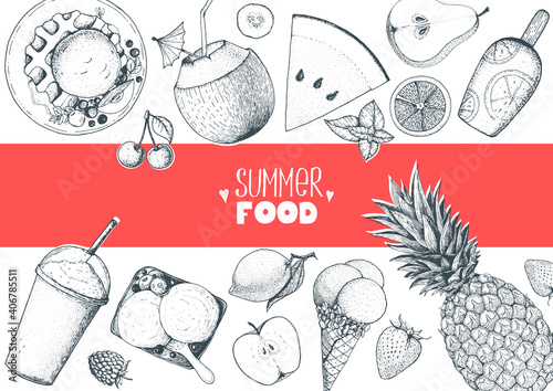 Summer food vector illustration. Beach food sketch. Engraved style image. Menu design template.