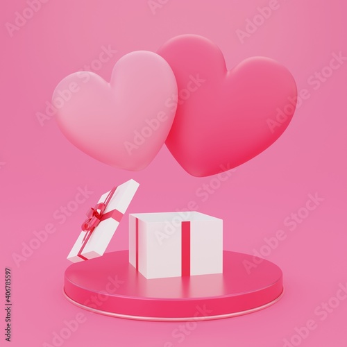 Valentine's day, love concept background, 3d opened gift box on round podium with pink heart shape floating